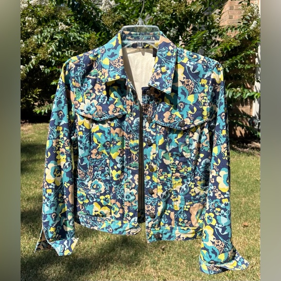 Liz Claiborne Women's Floral Denim Coat, Button Front and Cuffs, S - Picture 1 of 7
